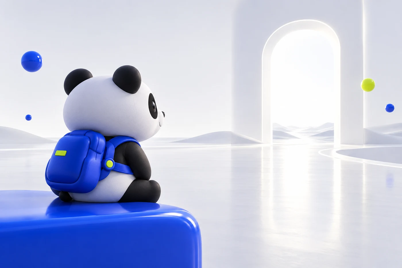 The PandOS panda looking toward an open doorway and a world of possibilities